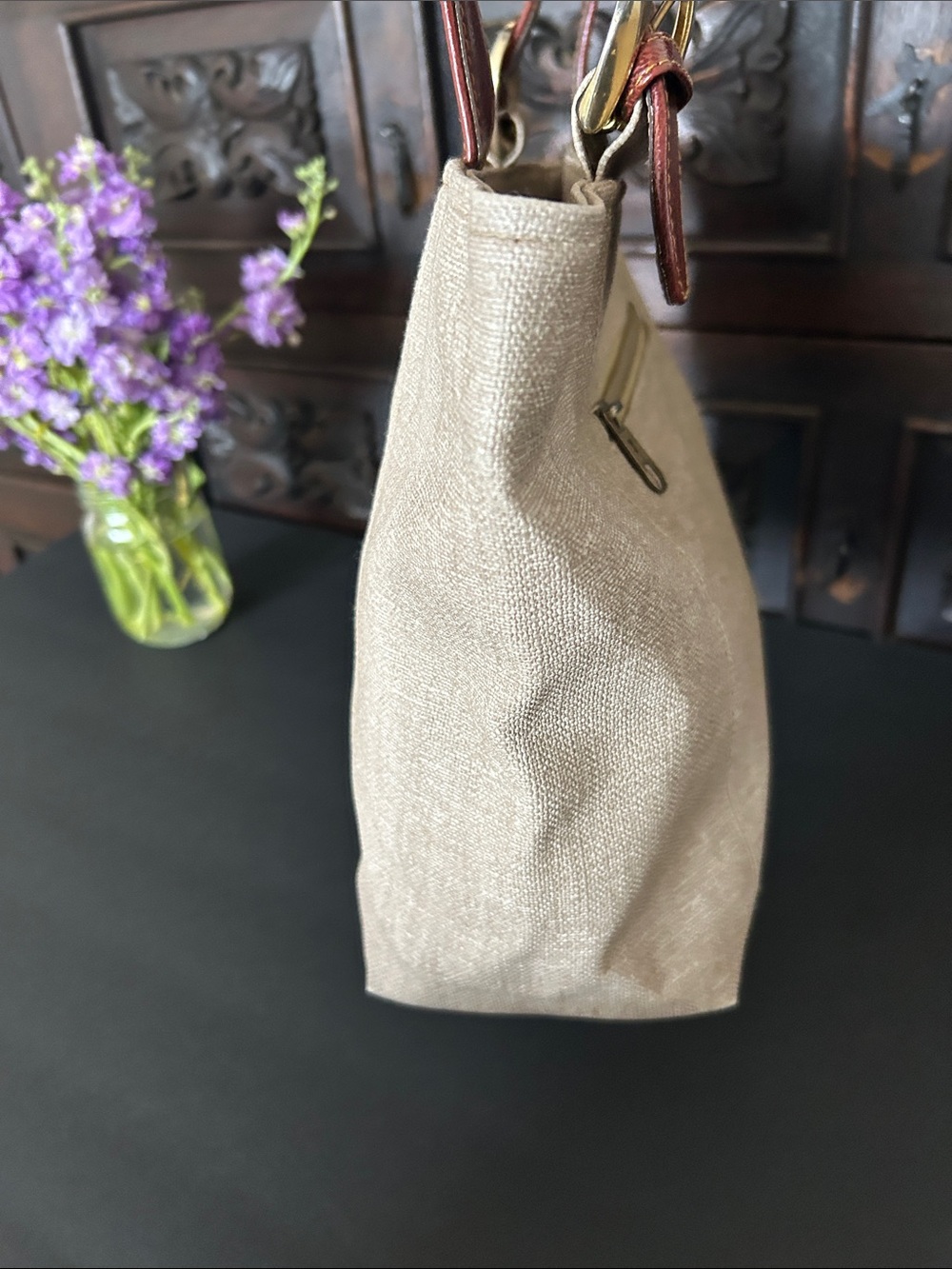 Beautiful Beige Canvas Tote with Brown Leather Straps - Picture 5 of 13
